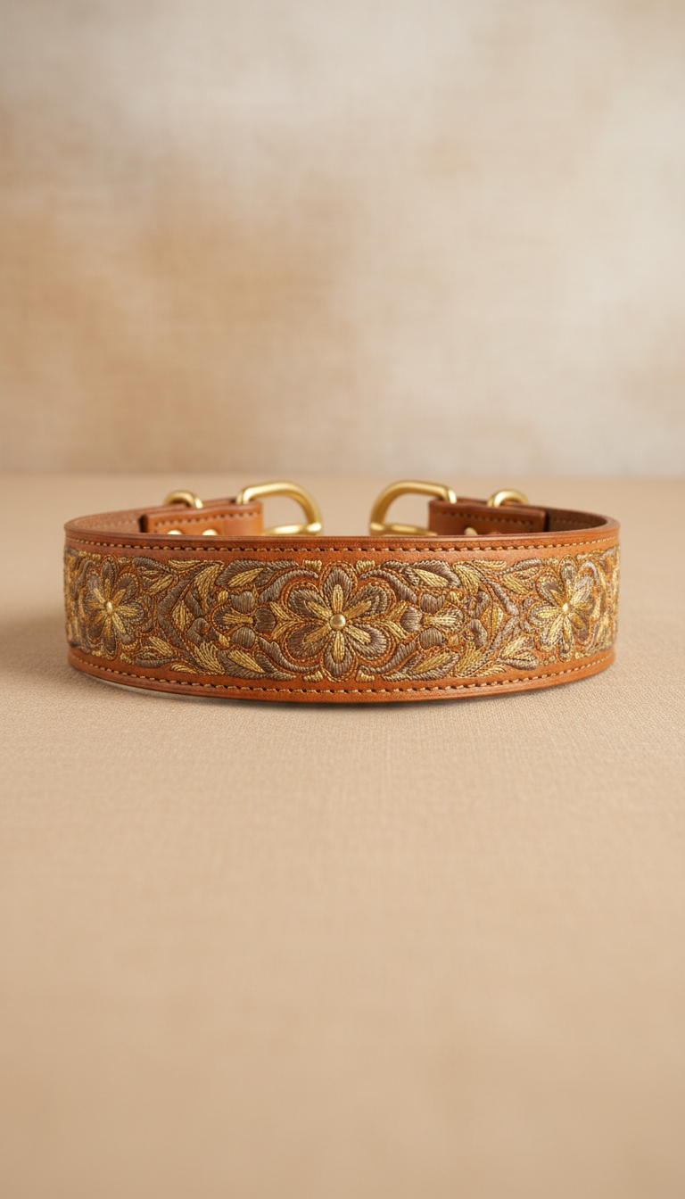 Gold-embroidered leather collar